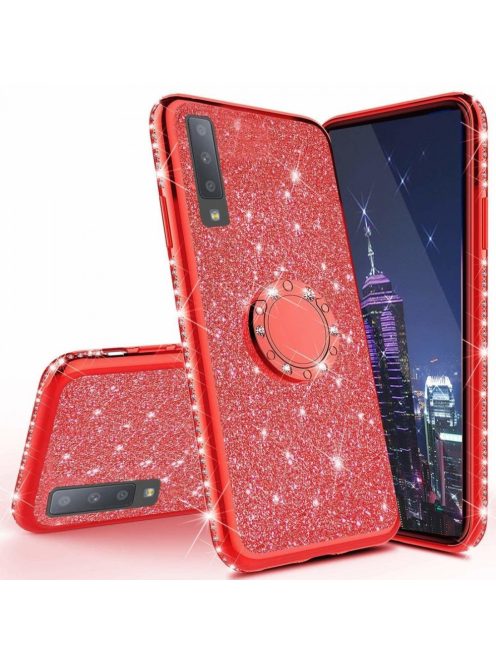 Huawei P40 Lite Diamond Csillámló Szilikon Tok TPU Gyűrűs Piros