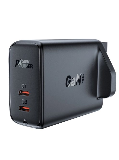 Acefast GaN charger (UK plug) 2x USB Type C 50W, Power Delivery, PPS, Q3 3.0, AFC, FCP black (A32 UK)