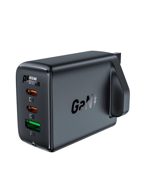 Acefast charger GaN 65W 3 ports (1xUSB, 2xUSB C PD) UK plug black (A44)