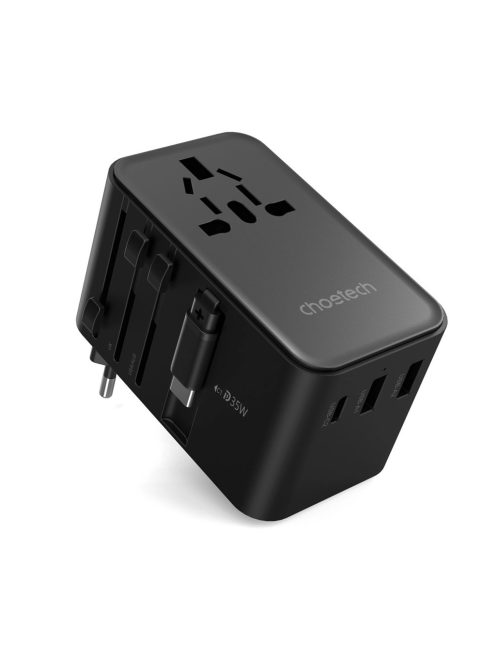 Choetech PD5020 35W EU/US/AUS/UK Travel Adapter with Built-in USB-C Cable - Black