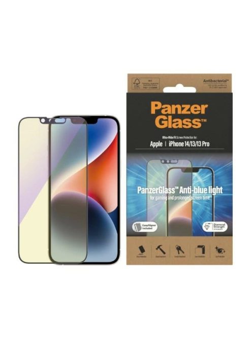 PanzerGlass Ultra-Wide Fit Antibacterial Tempered Glass with Blue Light Filter and Positioner for iPhone 14/13 Pro/13