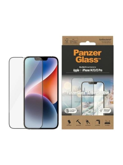 PanzerGlass Ultra-Wide Fit Antibacterial Tempered Glass with Glare Filter and Positioner for iPhone 14/13 Pro/13