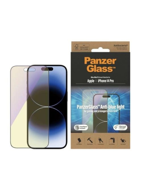 PanzerGlass Ultra-Wide Fit Antibacterial Tempered Glass with Blue Light Filter and Positioner for iPhone 14 Pro