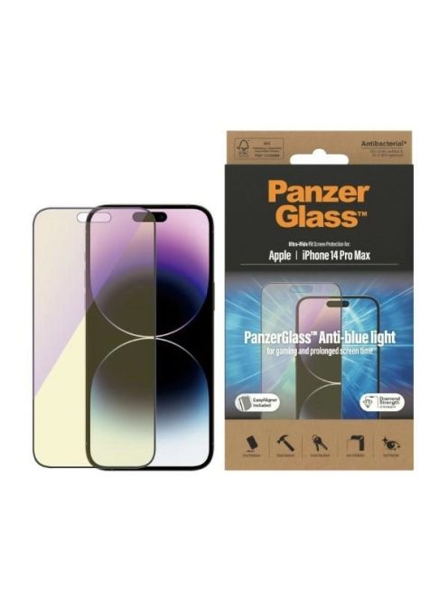 PanzerGlass Ultra-Wide Fit Antibacterial Tempered Glass with Blue Light Filter and Positioner for iPhone 14 Pro Max