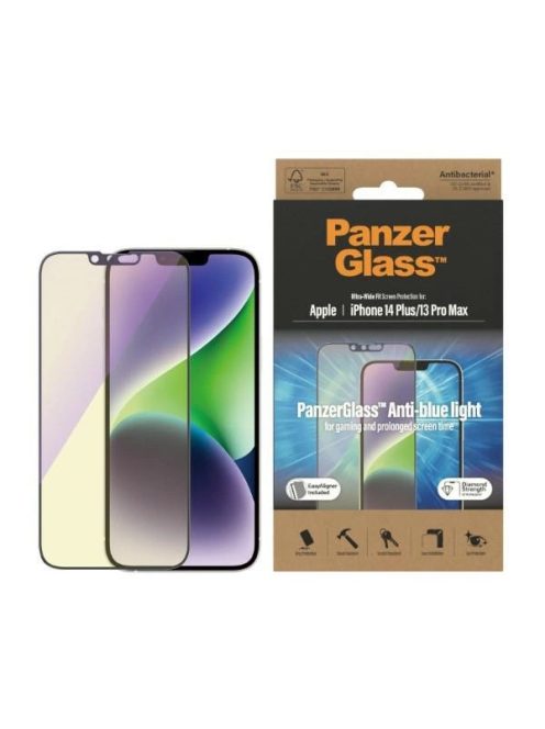 PanzerGlass Ultra-Wide Fit Antibacterial Tempered Glass with Blue Light Filter and Positioner for iPhone 14 Plus / 13 Pro Max