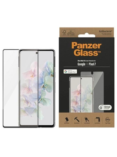 PanzerGlass Ultra-Wide Fit Antibacterial Tempered Glass for Google Pixel 7 - with Black Frame