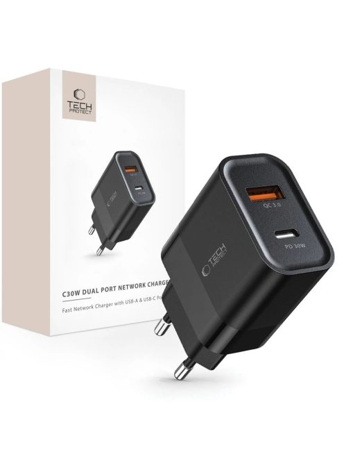 Tech-Protect C30W USB-C PD 30W / USB-A QC 3.0 network charger - black