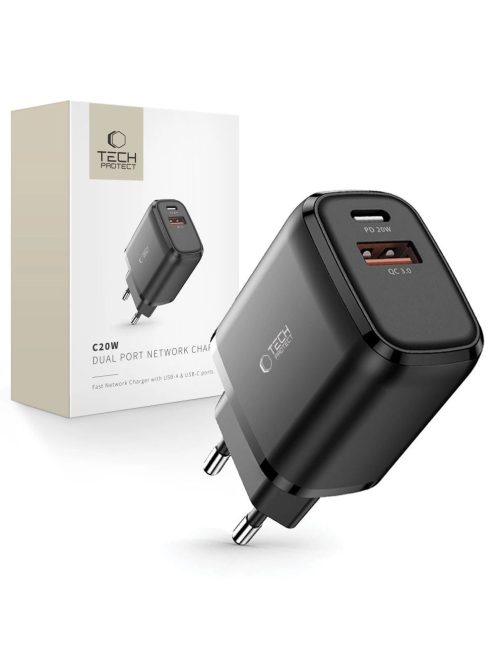 Tech-Protect C20W USB-C PD 20W / USB-A QC 3.0 network charger - black