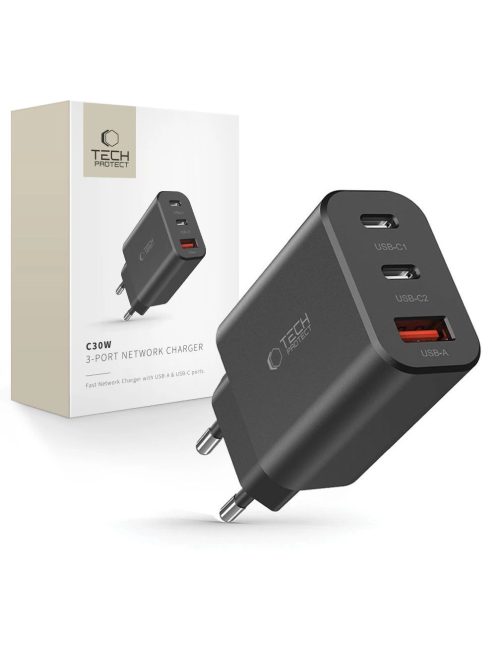 Tech-Protect NC30W network charger 2x USB-C PD 30W / USB-A QC 3.0 - black