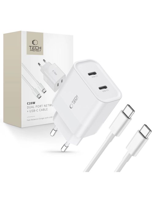 Tech-Protect C20W 2x USB-C PD 20W network charger with USB-C / USB-C cable - white