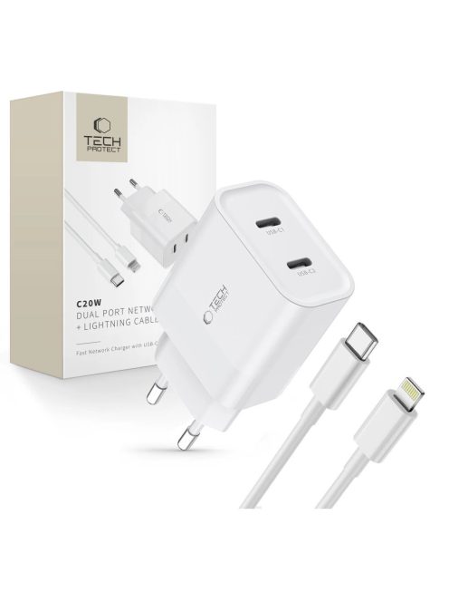 Tech-Protect C20W 2x USB-C PD 20W network charger with Lightning / USB-C cable - white