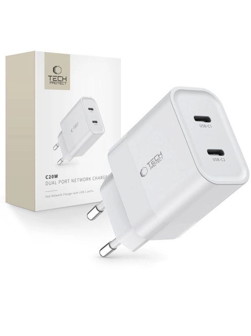 Tech-Protect C20W mains charger 2x USB-C PD 20W - white