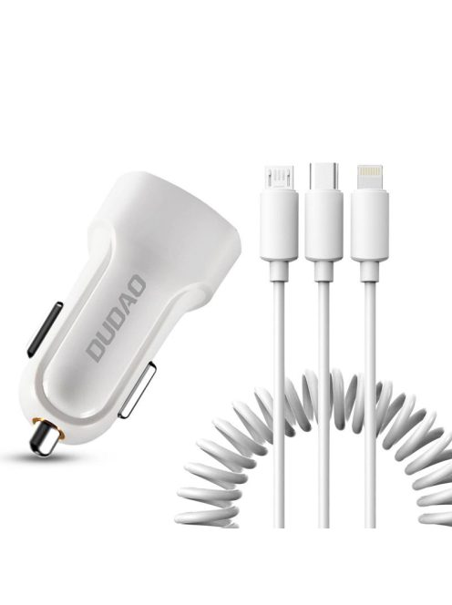 Dudao car kit charger 2x USB 2.4A + cable USB 3in1 Lightning / Type C / micro USB cable white (R7 white)