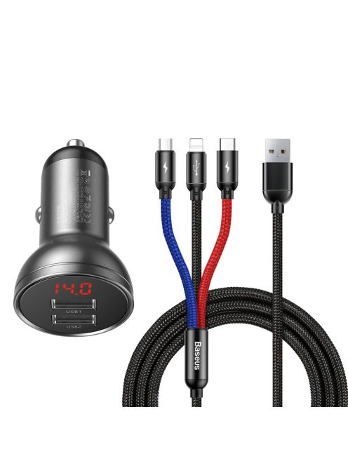 Baseus 2x USB 4.8A 24W car charger with LCD + 3in1 cable USB - USB Type C / micro USB / Lightning 1.2m black (TZCCBX-0G)