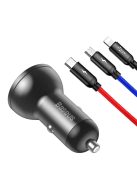 Baseus 2x USB 4.8A 24W car charger with LCD + 3in1 cable USB - USB Type C / micro USB / Lightning 1.2m black (TZCCBX-0G)