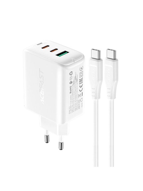 Acefast 2in1 wall charger 2x USB-C / USB-A 65W, PD, QC 3.0, AFC, FCP (set with USB-C 1.2m cable) white (A13 white)