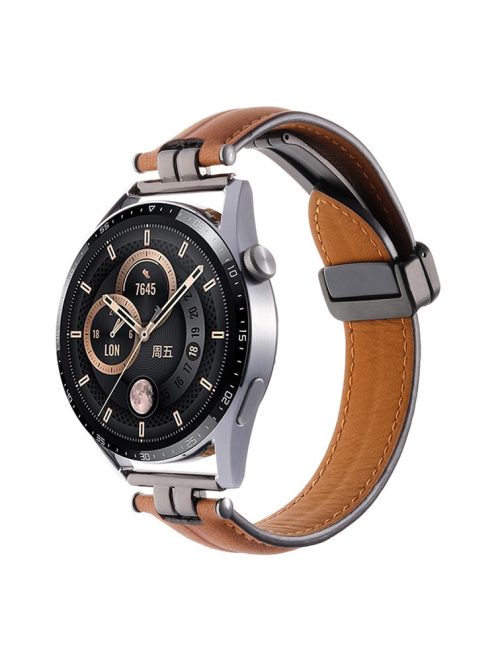 22mm Watch Strap for Samsung Galaxy Watch3 45mm / Garmin Venu 3 Stainless Steel Folding Buckle Leather Band - Caramel / Black Buckle