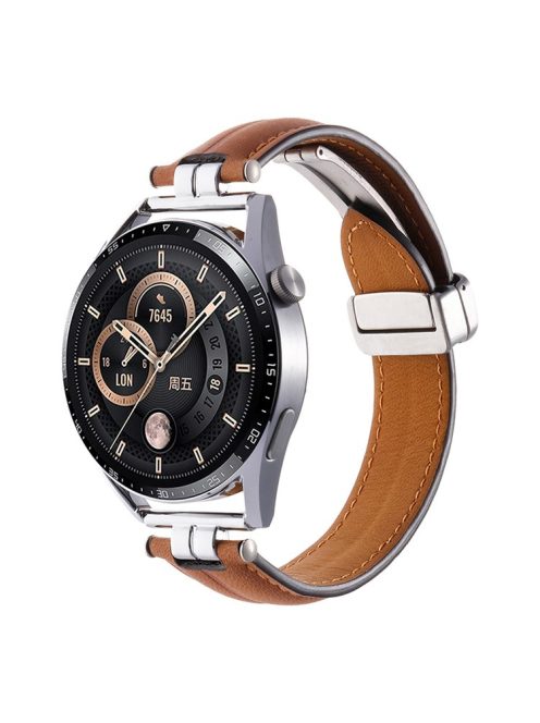 22mm Watch Strap for Samsung Galaxy Watch3 45mm / Garmin Venu 3 Stainless Steel Folding Buckle Leather Band - Caramel / Silver Buckle