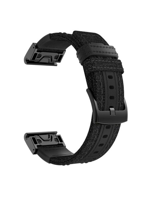 Canvas + Genuine Leather Watch Band for Garmin Fenix 5 Plus, Nylon Sports Watchband Strap - Black