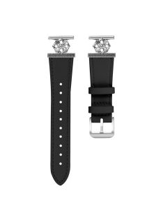   For Garmin Approach S40 / Forerunner 158 Watch Band Genuine Cow Leather Flower Decor Adjustable Strap - Black