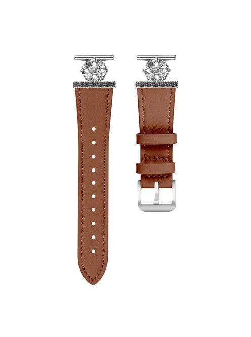 For Garmin Approach S40 / Forerunner 158 Watch Band Genuine Cow Leather Flower Decor Adjustable Strap - Brown