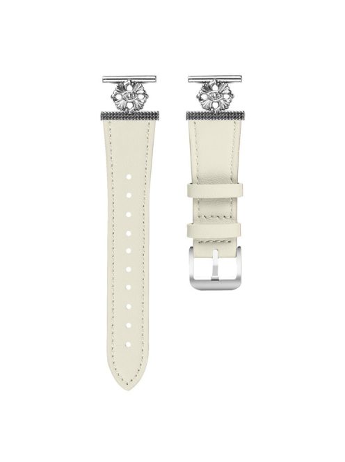 For Garmin Approach S40 / Forerunner 158 Watch Band Genuine Cow Leather Flower Decor Adjustable Strap - White