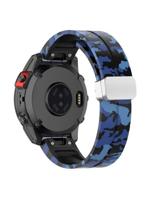 For Garmin Fenix 7 / Forerunner 965 / 955 / 945 / 935 Watch Band Silver Buckle 22mm Silicone Strap - Camo Blue