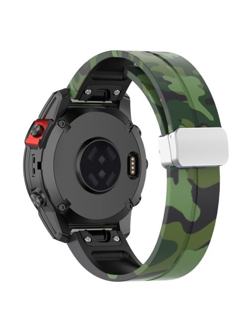 For Garmin Fenix 7 / Forerunner 965 / 955 / 945 / 935 Watch Band Silver Buckle 22mm Silicone Strap - Camo Green