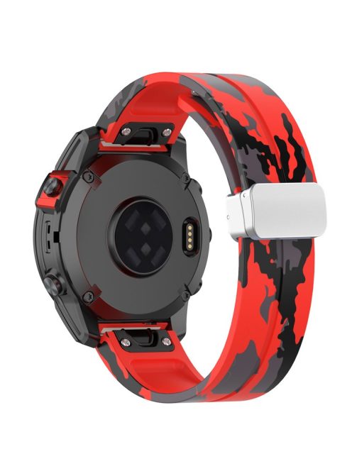 For Garmin Fenix 7 / Forerunner 965 / 955 / 945 / 935 Watch Band Silver Buckle 22mm Silicone Strap - Camo Red