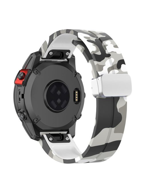 For Garmin Fenix 7 / Forerunner 965 / 955 / 945 / 935 Watch Band Silver Buckle 22mm Silicone Strap - Camo White