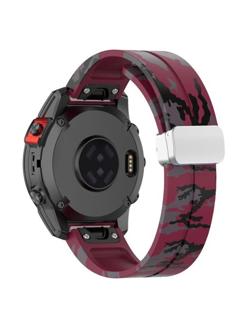 For Garmin Fenix 7 / Forerunner 965 / 955 / 945 / 935 Watch Band Silver Buckle 22mm Silicone Strap - Camo Wine Red