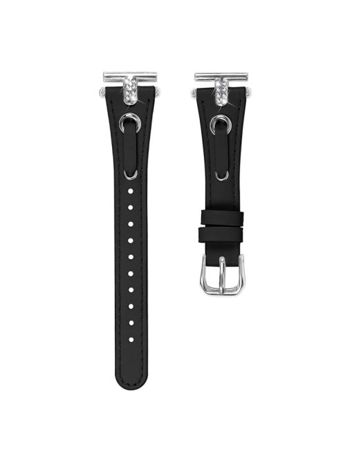 For Garmin Forerunner 245  /  245 Music Genuine Cow Leather Watchband Rhinestone Decor Strap (Silver Connector) - Black