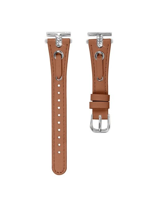 For Garmin Forerunner 245  /  245 Music Genuine Cow Leather Watchband Rhinestone Decor Strap (Silver Connector) - Brown