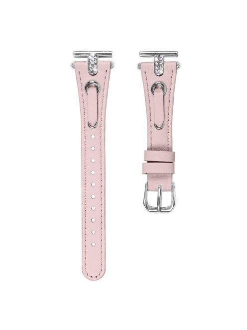 For Garmin Forerunner 245  /  245 Music Genuine Cow Leather Watchband Rhinestone Decor Strap (Silver Connector) - Pink