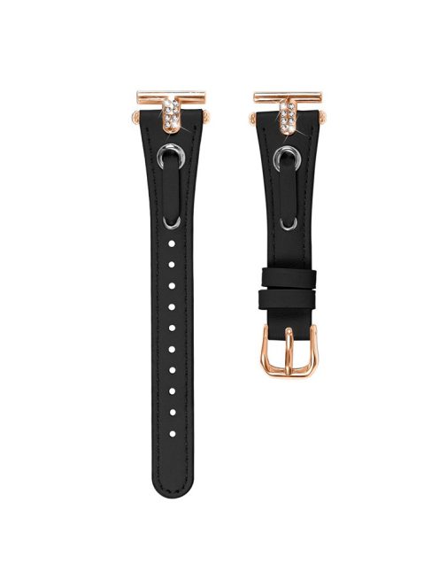 For Garmin Forerunner 245  /  245 Music Genuine Cow Leather Watchband with Rhinestone Decor (Rose Gold Connector) - Black