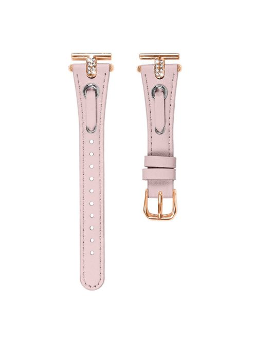 For Garmin Forerunner 245  /  245 Music Genuine Cow Leather Watchband with Rhinestone Decor (Rose Gold Connector) - Pink