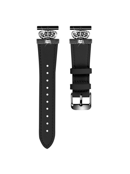 For Garmin Forerunner 245 / 245 Music Cowhide Band Crown Design Watch Strap with Black Buckle - Black