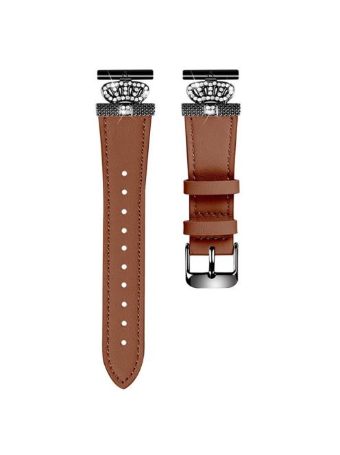 For Garmin Forerunner 245 / 245 Music Cowhide Band Crown Design Watch Strap with Black Buckle - Brown