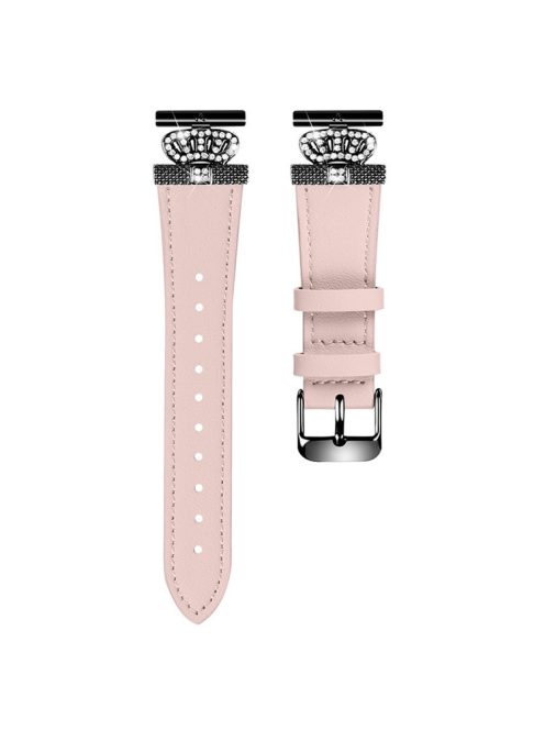 For Garmin Forerunner 245 / 245 Music Cowhide Band Crown Design Watch Strap with Black Buckle - Pink