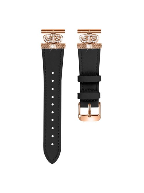 For Garmin Forerunner 245 / 245 Music Rose Gold Buckle Strap Rhinestone Crown Cowhide Band - Black