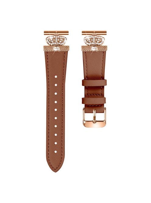 For Garmin Forerunner 245 / 245 Music Rose Gold Buckle Strap Rhinestone Crown Cowhide Band - Brown