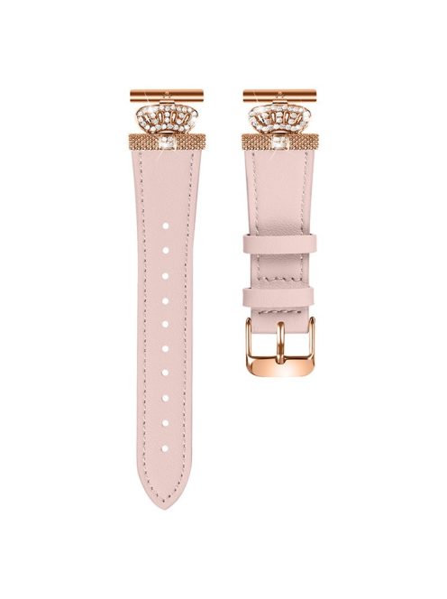 For Garmin Forerunner 245 / 245 Music Rose Gold Buckle Strap Rhinestone Crown Cowhide Band - Pink