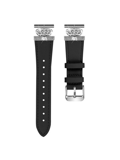 For Garmin Forerunner 245 / 245 Music Silver Buckle Cowhide Band Crown Design Wrist Strap - Black