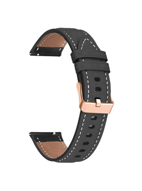 For Garmin Forerunner 265S / 255S / Venu 2S Watch Band 18mm Genuine Cow Leather Wrist Strap, Rose Gold Buckle - Black