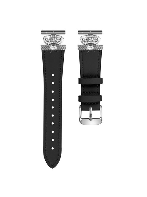 For Garmin Forerunner 645 / 645 Music Cowhide Band with Silver Buckle Rhinestone Decor Replace Strap - Black