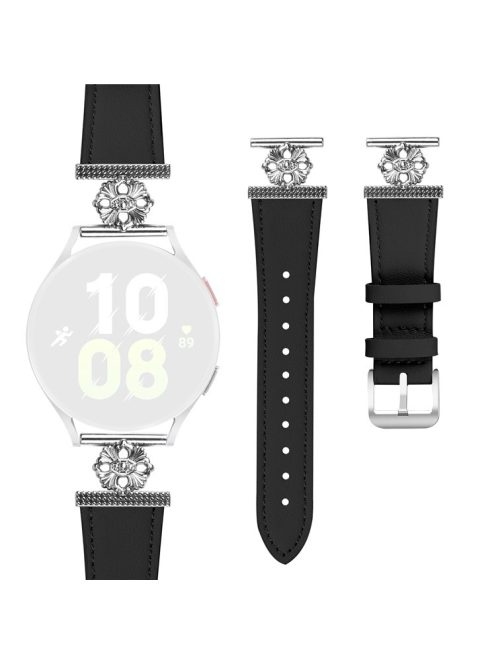 For Garmin vivoactive 5 / Garminactive 5 Watch Band Genuine Cow Leather Flower Decor Adjustable Strap - Black