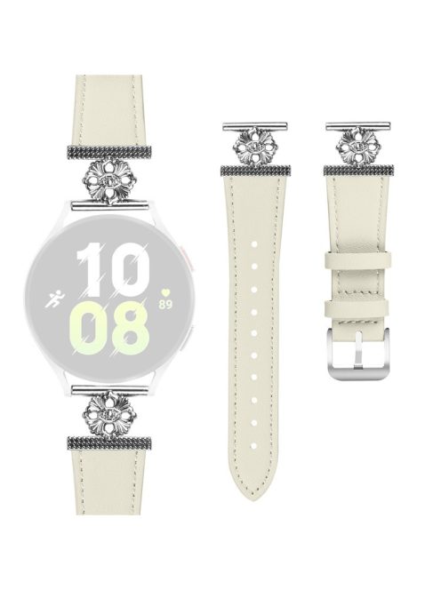 For Garmin vivoactive 5 / Garminactive 5 Watch Band Genuine Cow Leather Flower Decor Adjustable Strap - White