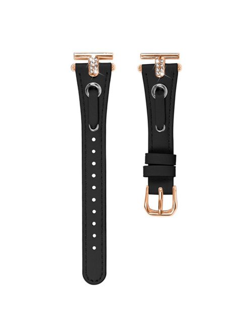 For Garmin Vivomove / Vivomove HR Watch Band Replacement Genuine Cow Leather Rose Gold Buckle Strap with Rhinestone Decor - Black