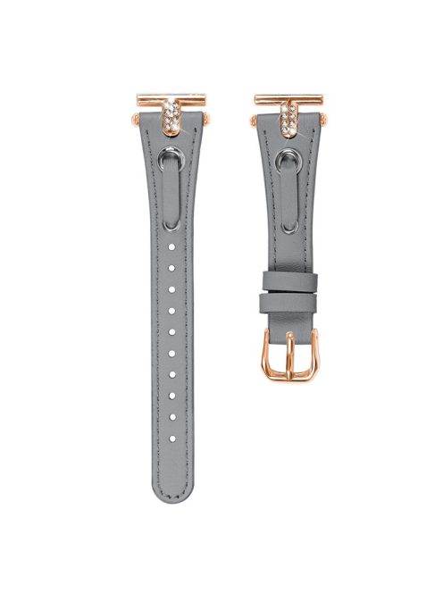 For Garmin Vivomove / Vivomove HR Watch Band Replacement Genuine Cow Leather Rose Gold Buckle Strap with Rhinestone Decor - Grey