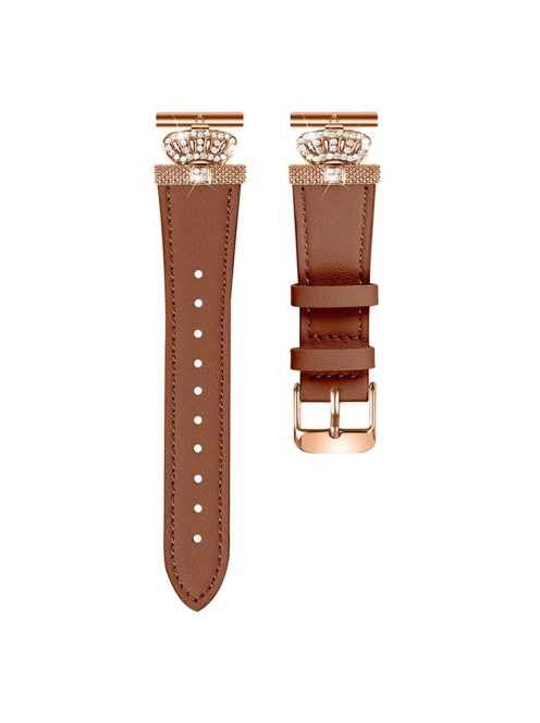 For GarminMove 3  /  Vivomove 3 Watchband Genuine Cow Leather Strap, Rose Gold Connector with Rhinestone Crown Decor - Brown